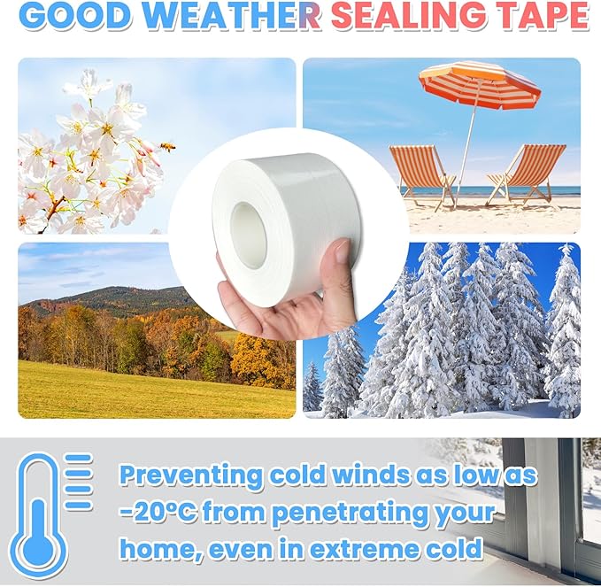White Window Weather Sealing Tape,Window Draft Isolation Sealing Film Tape, AC Seal Air Conditioner Sealing Tape No Residue, Keep Out Cold Air Dust Rain, Waterproof (3inch*65.5ft)