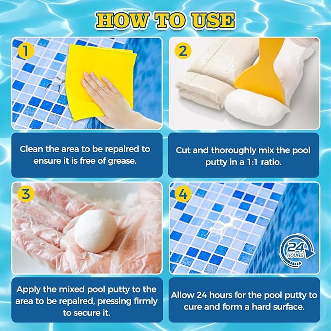 Pool Putty, 2 Part High Strength Epoxy Putty for Underwater or Above Fast Repair Leaks, Cracks, Filling, Pool Putty for Leaks Underwater, Tile, Fiberglass, Concrete, Cement and Other Surfaces