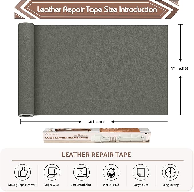 KING MOUNTAIN Leather Repair Patch,12 x 60 Inches self Adhesive Leather Repair Tape for Damaged Leather Furniture, Sofa Seating,Car Seats, Leather Goods（Gray）