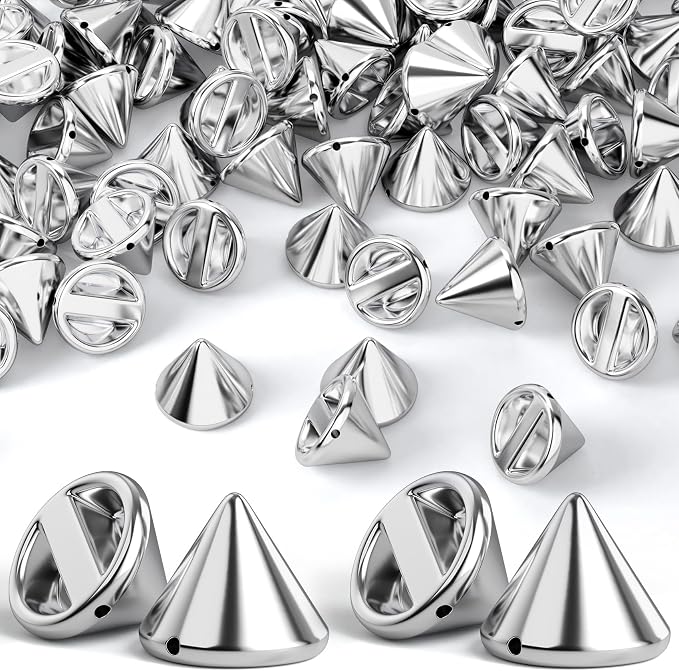 OIIKI 80 PCS 12 mm ABS Bullet Spike Cone Studs, Rivets Cone Spike Studs Beads, Flat Back Punk Spikes DIY Crafts Studs Glue on Decoration for Leather Clothes Belt Bags Jewelry Trims - Silver