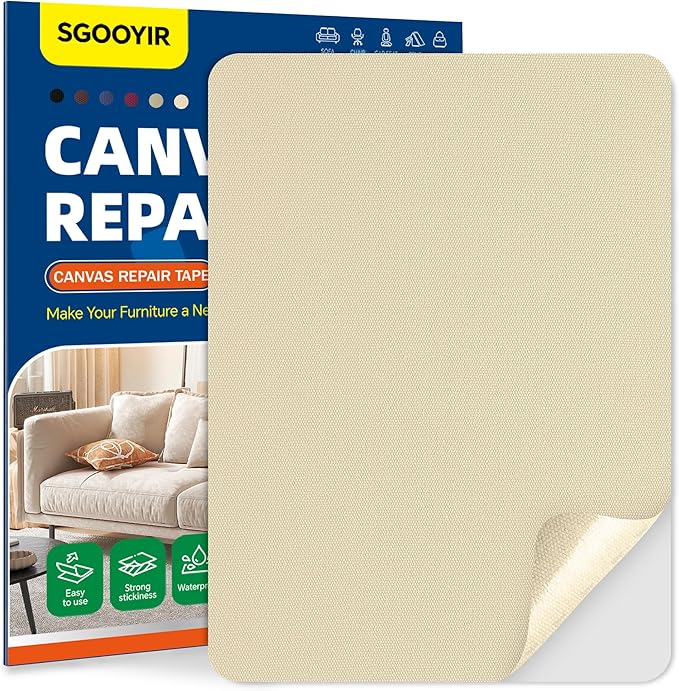 Self-Adhesive Canvas Repair Tape, 8.3" x 11" Waterproof Canvas Repair Patch, Fabric Patch Repairs Kit for Furniture, Tents, Sunbrellas, Boat Covers Awnings, Couches, Clothes, Bags Light Beige