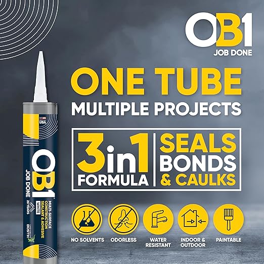 OB1 Universal Caulk Sealant & Adhesive White 10.1oz | Professional Grade Premium All-in-One Advanced Hybrid 3-in1 | Water Resistant Internal & External | Shrink Crack UV & Fade Resistant | 1 Cartridge