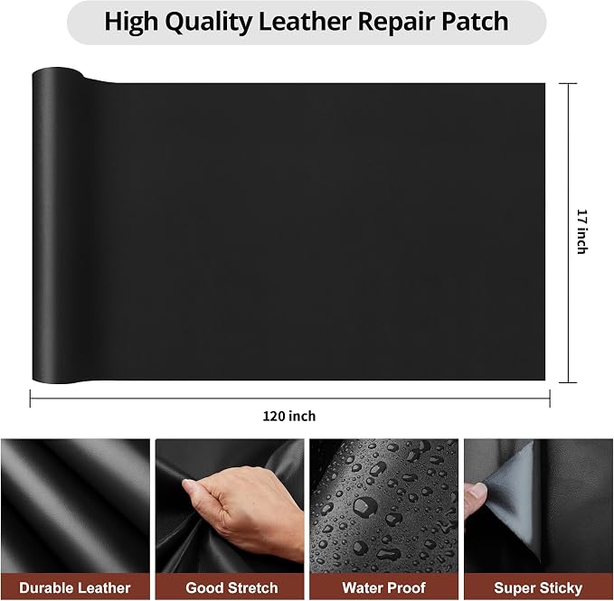 Leather Repair Patch,Self Adhesive Leather Repair Tape, Large Leather Pathces for Couches, Furniture, Car Seats, Chairs (Black, 17X120 inch)