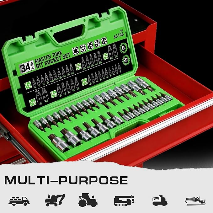 SWANLAKE GARDEN TOOLS 34-Piece Torx Bit Socket Set, Tamper Proof T6-T70, Solid Star Bits Set, Premium CR-V & S2 Alloy Steel Star Socket Sets, Torque Bit Sets with Storage Case