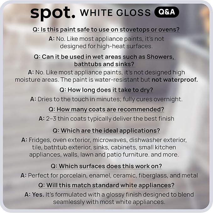 spot. High-Gloss White Touch Up Paint – Porcelain and Appliance Repair for Chips, Stains, Scratches, and Cracks on Fridges, Microwaves, Dishwashers, Dryers, Tiles, and Metal Surfaces – 1 fl oz