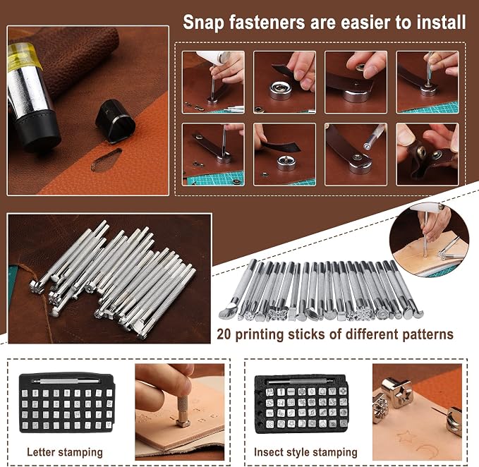 628Pcs Leather Working Tooling Set for Beginners, Starter Working and Tool Supplies with Leather Pony, Tooling Box, Stamping Punching Tools, Sewing Thread, Rivets Kit for DIY Crafts