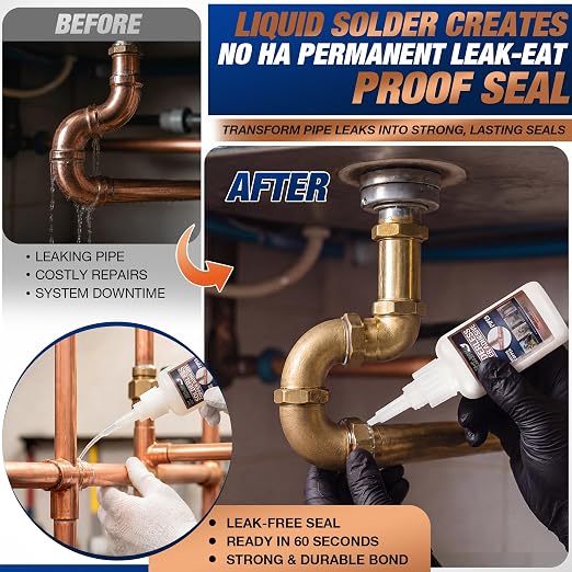 50ml Copper Soldering Kit, No Heat Liquid Solder for Copper Pipe w/Precision Nozzle, Instant Leak Repair Plumbing Solder for Copper&Brass, Up to 500 PSI,-60°F to +300°F,Bonding Solution for Pipe&HVAC
