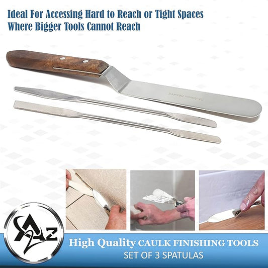 A2Z Scilab 3pc Offset Spatula Caulk Finishing Tool Grout Sealant Caulking Applicator Stainless Steel Smoothing Scraper Spatula Spreader for Ceramic Tiles, Baseboards, Kitchens, Bathrooms, Skirting