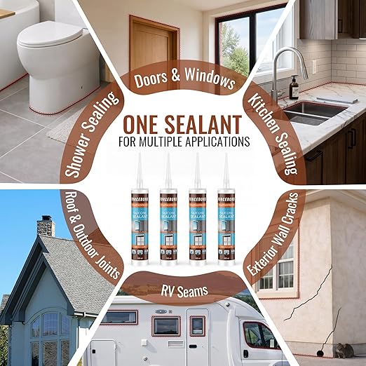4 Pack Black Silicone Caulk, Neutral Black Caulking Waterproof, 10.1OZ Silicone Sealant for Filling Gaps and Cracks, Shower, Bathroom, Windows & Doors, Bathtub, RV, Pest Entry Blocking