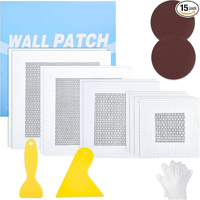 15 Pack Drywall Repair Kit - 2/4/6/8 Inch Drywall Repair Kit All-in-One Wall Patch Hole for Quick Easy Wall Repair Solution with Patches, Tools, Spatula