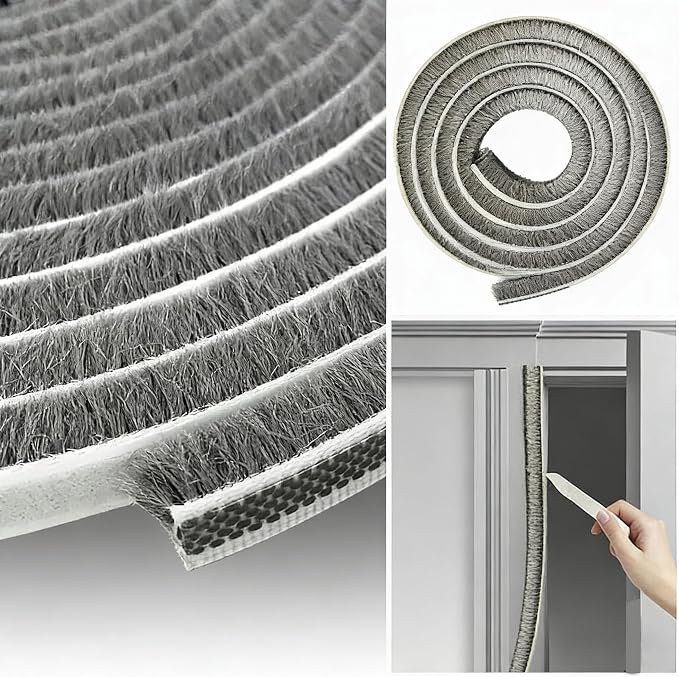 Brush Weather Stripping 0.2in(T) x 0.4in(W) x 33FT Grey Door Seal Strip for Door Frame, Sliding Glass Door Draft Stopper Window Soundproofing Bristle Door Sweep Weatherstripping