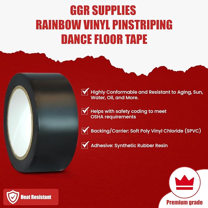 GGR Supplies T.R.U. CVT-536 Black Vinyl Pinstriping Dance Floor Tape: 1.5 in. Wide x 36 yds. Several Colors