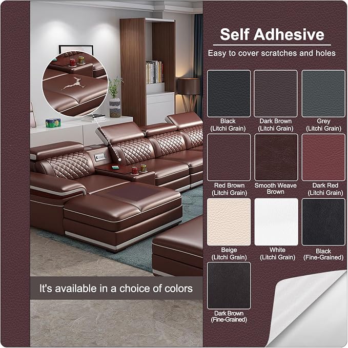 Self Adhesive Leather Repair Patch, Leather Patches for Furniture, Leather Repair Tape for Couch Sofa Car Seat Chair Furniture Repair, Leather Repair Kit (Red Brown-Litchi Grain, 17X79 Inch)