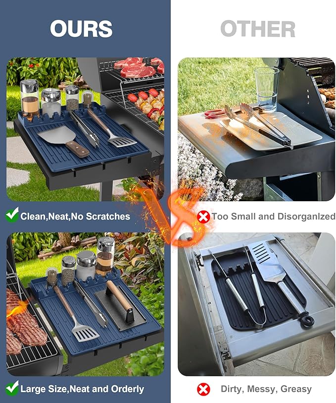 Silicone Grill Mat Compatible with Blackstone, BBQ Griddle Tools Mat with Drip Pad, Large Spatula Holder for Outdoor Kitchen Counter, Gifts for Men (Blue)
