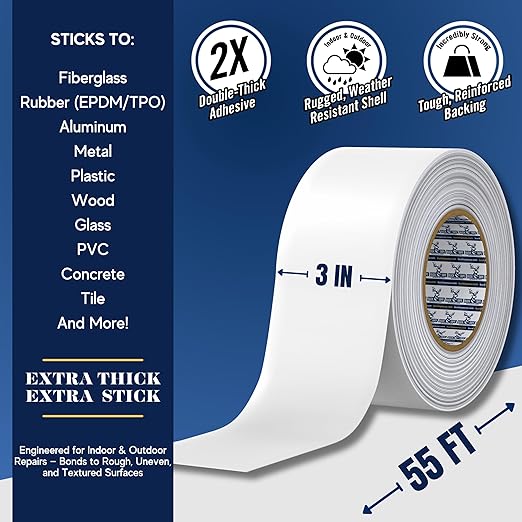 2 Pack Buck RV Roof Sealant Tape – 3 Inch x 55ft, 40 Mil – Waterproof RV Tape for Roof Repair, Seams, Skylights, Vents & Window Leaks on Camper, Trailer & Boat, UV Resistant & Weatherproof, White