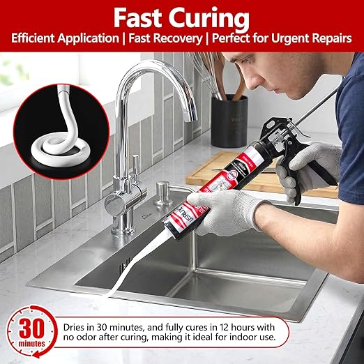 LISRUX Supreme Silicone Caulk for Kitchen & Bathroom, White, 10 fl oz Cartridge, 24 Pack - 100% Waterproof Silicone Sealant, Stronger Adhesion, Shrink & Crack Proof