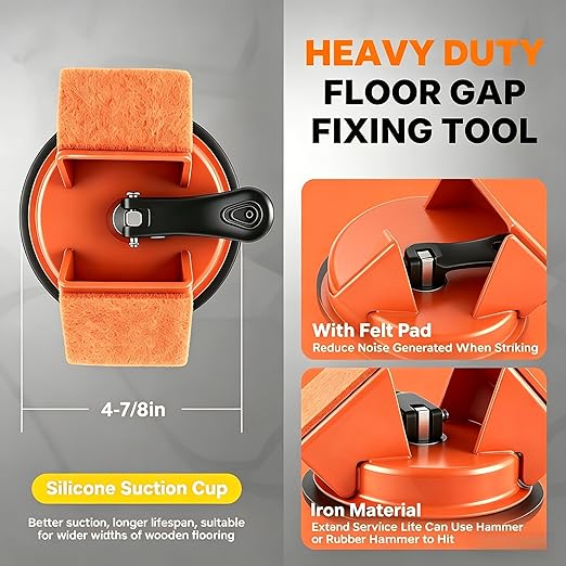Heavy Duty Floor Gap Repair Tool, 45° Striking Surface Iron Laminate/Vinyl Floor Gap Fixer with Enhanced Suction Cup, Slot Cutter and 5Pcs Sticky Pads, Professional Flooring Gap Closing Tool