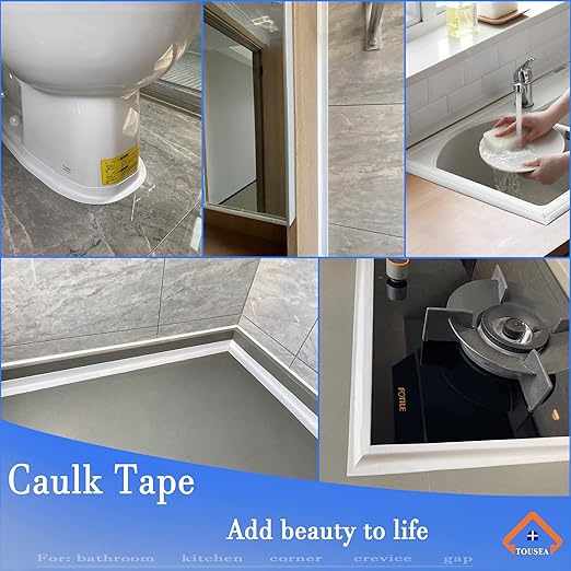TOUSEA Professional Waterproof Caulk Strip - Self Adhesive White Sealing Tape for Toilet, Tub, Peel and Stick Backsplash Finisher - Renter Friendly, Easy Install