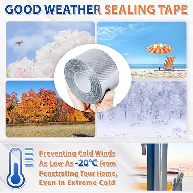 Silver Window Weather Sealing Tape,Window Draft Isolation Sealing Film Tape,Window AC Seal Air Conditioner Sealing Tape No Residue Waterproof Self Adhesive for Keep Out Cold Air Dust Rain 2IN X 65FT