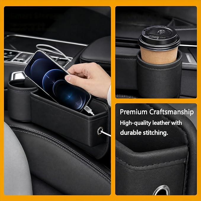 2 Pack Leather Car Seat Gap Organizer Filler with Cup Holder | PVC Leather Seat Gap Filler, Universal Front Seat Storage Box for Cell Phones, Wallets, Keys, Cards, Interior Accessories