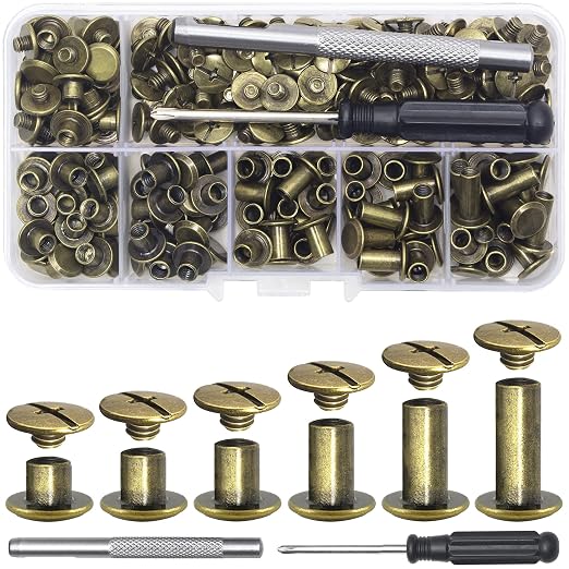 YORANYO 110Sets Chicago Screws Leather Rivets Assorted Screw Rivets Chicago Binding Screws for Decorate and Repair Leather Craft Belt Bag Shoes Purse Bookbinding (Bronze, M5*4,5,6,8,10,12)