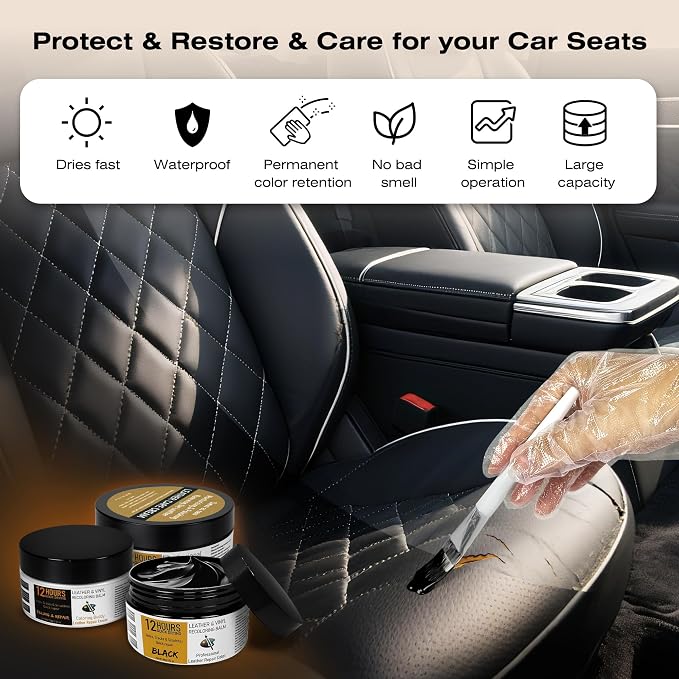 12H Quick-Dry Leather Repair Kit with 3.53Oz Leather Recoloring Balm, Filler & 4.23Oz Conditioner & Cleaner, 3-in-1 Vinyl Repair Set for Couch, Car Seat, Jacket, Shoes, Faux Leather, Brown