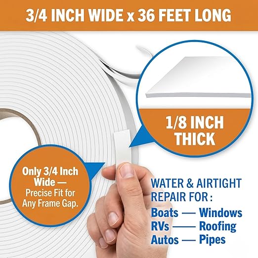 Better Boat Butyl Tape for RV Roof and Boat, 36 Feet White Putty Window Sealant Tape, Waterproof Weather Resistant, 3/4 Inch Wide x 1/8 Inch Thick