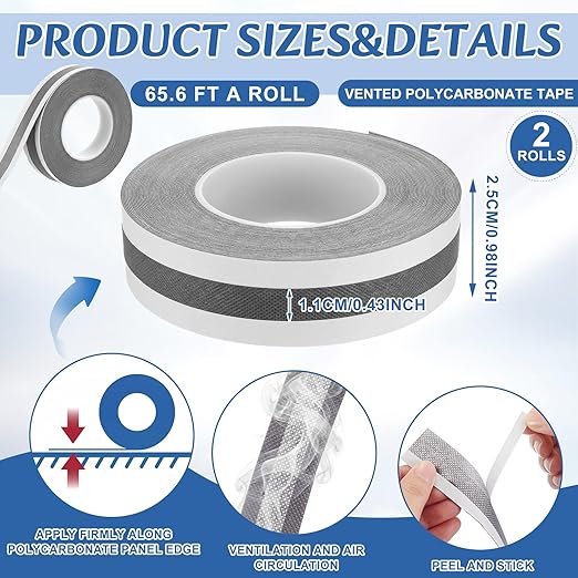 Fuyoooo 4 Pack Greenhouse Tape Set, 2 Rolls 1" x 65.6ft Vented Tapes 2 Rolls 1.18" x 65.6ft Aluminum Tapes, Waterproof Self Adhesive, UV Resistantheat Resistant for Greenhouse Roofing Outdoor Repairs