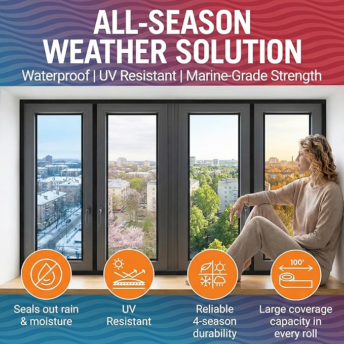 Window Sealing Tape Black 2 Inch x 100 FT, Weather Seal for Windows, Doors and AC Units, Waterproof UV Resistant, Damage-Free Removal - Better Boat