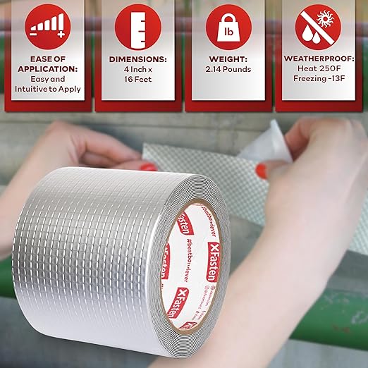 XFasten Super Waterproof Aluminum Butyl Tape, 4-Inch x 16-Foot, Aluminum Foil Tape with Butyl Rubber Adhesive for Window and Metal Roof Flashing, Patching and Gutter Leak Repair