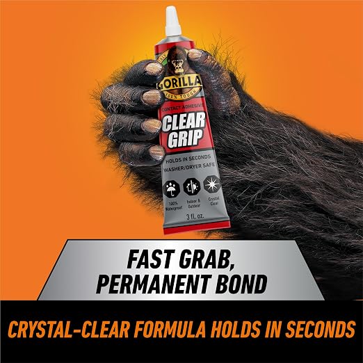 Gorilla Clear Grip Waterproof Contact Adhesive; Fast-Setting; Waterproof; Flexible; Permanent Bond; 3 Ounce Tube; Crystal Clear (Pack of 3)
