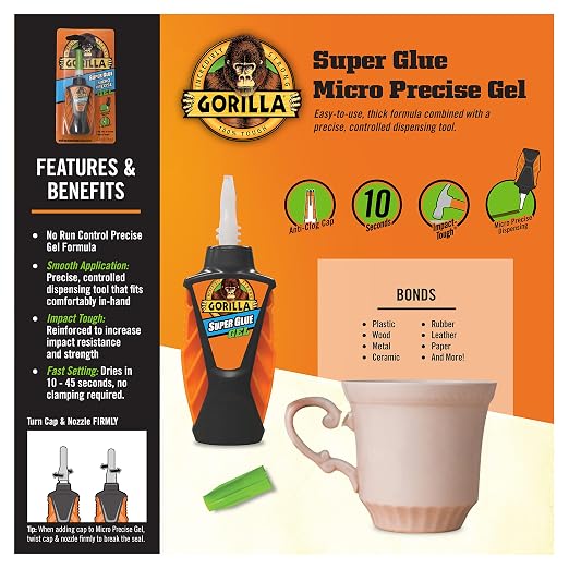 Gorilla Micro Precise Super Glue Gel, Cyanoacrylate Glue, Fast Setting, Precise Dispensing Tool, Anti-Clog Cap, Clear, 5.5g, (Pack of 1)