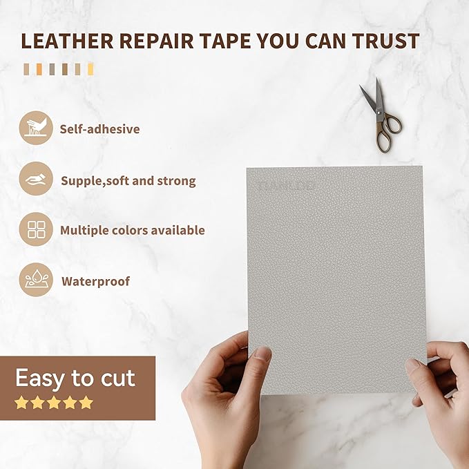 TIANLDD Leather Repair Tape,16 x 80 Inches Self Adhesive Leather Repair Patch，Leather Repair Kit for Furniture，Couches,Car Seats,Cabinets,Handbags(Light Gray-Litchi Grain)