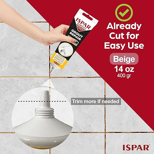 ISPAR Tile Grout Repair Kit – Beige Grout Filler 14 oz Value Size, Pre-Mixed Grout Repair Paste, Ready to Use Tile Joint Filler for Bathroom & Shower Tile, Spatula & Sponge
