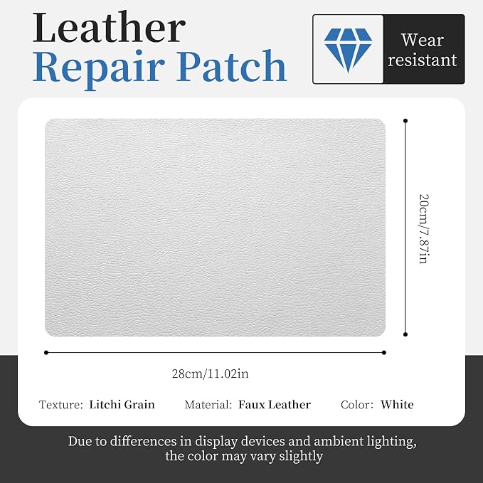 Fadoub Leather Repair Patch Tape Self-Adhesive, 8x11In Heavy Duty Vinyl Patch, Leather Repair Kit for Furniture, Sofa, Couch, Office Chair, Car Seat, Car Interior(White)