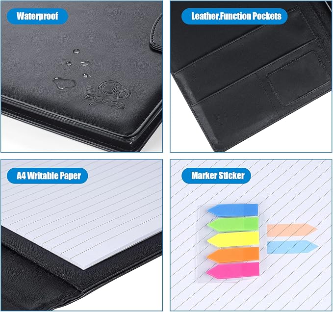 Agoer Professional Padfolio Clipboard Folder with 3xMagnetic Closure Cover | Faux Leather,A4 Size,With A4 Writing Pad & Pen & Sticky Tab,for Business Office Conference(Black),Portfolio Legal Pad Holder