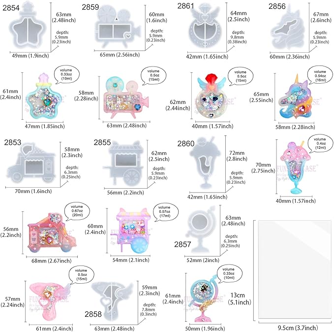 FUNSHOWCASE Resin Shaker Molds Set Charms Pendant Jewelry Making Supplies 9 Silicone Trays with 5 Clear Seal Films