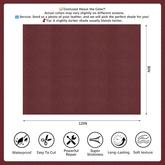 2 Pcs Burgundy Leather Repair Tape, 8x12 Inch Leather Repair Patch Self-Adhesive, Waterproof Faux Leather Patch, Vinyl Repair Tape for Couch, Sofas, Furniture, Office Chair, Car Seats