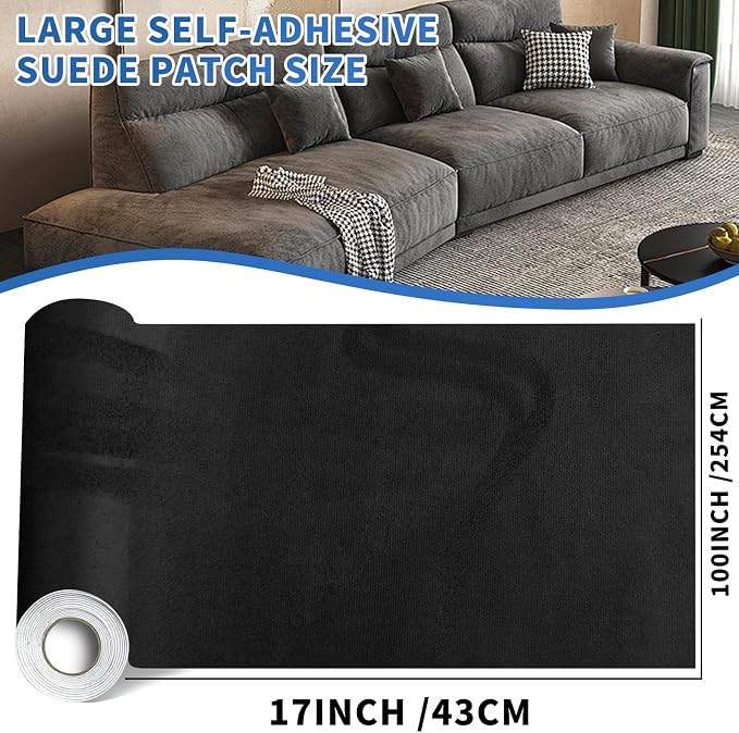 Suede Repair Patch,17x100inch Large Faux Suede Leather Fabric，Self-Adhesive Fabric Patches for Furniture, Couch, Sofa, Car Interior, Shoes, Hand Bag, Jewelry Boxes ﻿ (Black)