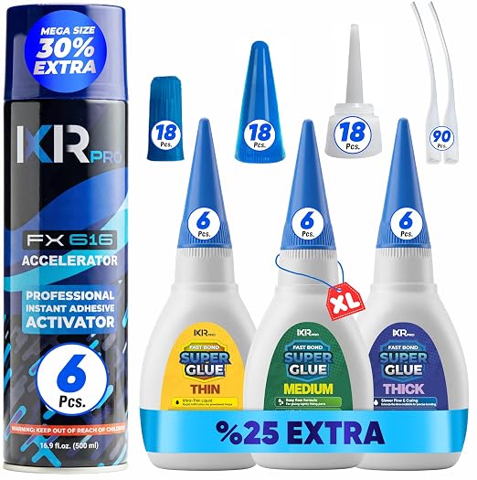 CA Glue with Activator Kit – 18 x 1.75 oz (Thin, Medium, Thick) + 6X 16.9 fl oz Accelerator Spray, Cyanoacrylate Super Glue for Woodworking, 3D Printing, Plastic, Guitar Repair & Hobby Projects