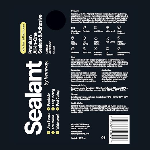 Jet Black Kitchen & Bathroom Sealant & Adhesive Hybrid Polymer | Superior to Silicone Caulk Sealant | Waterproof, Odorless, Paintable | Ideal for Around Bathtub, Shower, Kitchen - 300ml 1 Pack
