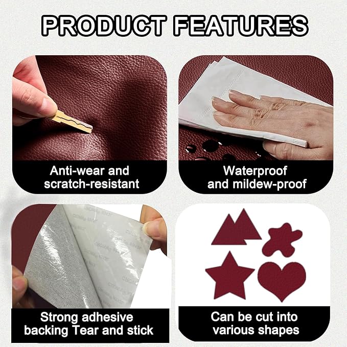 Leather Repair Patch Tape,3.9 x 63 Inches Self Adhesive Leather Patches for Furniture,Vinyl Repair Kit for Car Seat,Couches,Sofas,Office Chairs,Burgundy