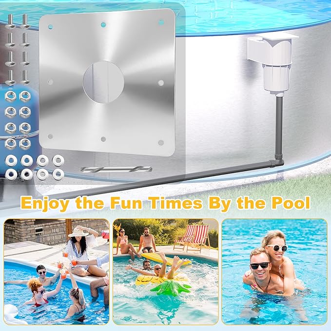 8x8-Inch Pool Water Return Repair Kit for Above Ground Pools Wall Repair Kit, Pool Skimmer Wall Repair Panel Kit with 2-3/8" Thru Hole, Drill Bit & Hardware for Rust at The Water Return Fitting