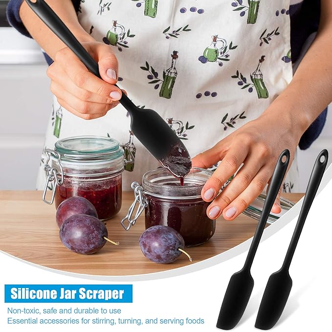 Patelai 2 Pieces Silicone Jar Spatula Long Handle Non-stick Rubber Scraper Heat Resistant Spatula Silicone Scraper for Jars, Smoothies, Blenders Cooking Baking Stirring Mixing Tools (Black)