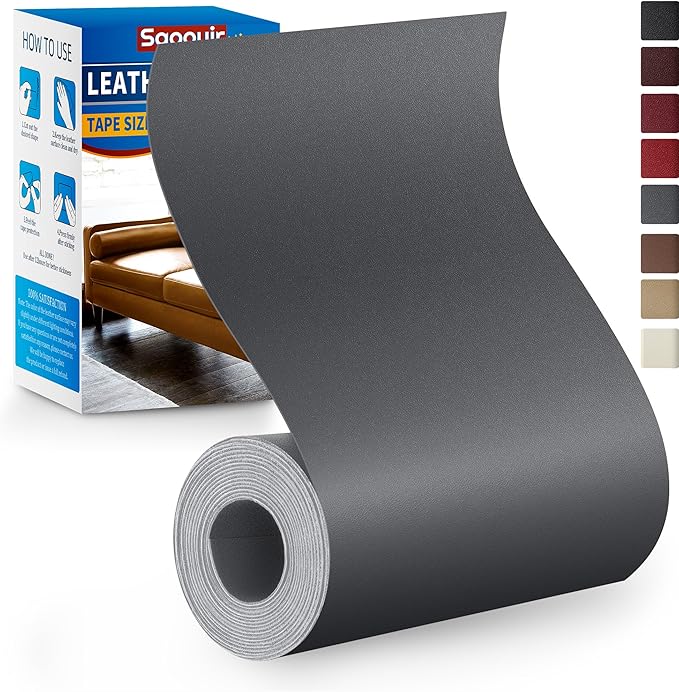 Leather Repair Patch Tape Kit, 4" x 63" Self Adhesive Leather Repair Patch for Furniture, Vinyl Leather Repair Kit for Car Seat, Chairs, Couch, Sofa, Boat Smooth Darkgrey