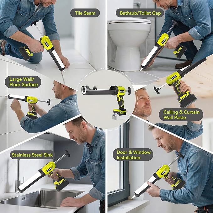 Professional Cordless Caulking Gun, Electric Sealant Gun with LED Light, 4-Speed Control, Anti-Drip, 10 Oz (300ml）Capacity, Compatible with DeWalt 20V Max Battery（Battery not included）