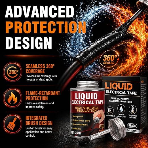 Liquid Electrical Tape, Black Insulating Electrical Tape with Brush, Quick-Dry Waterproof Liquid Tape for Wires, Cables, Connectors, Outdoor & Automotive Electrical Equipment, Heat Resistant