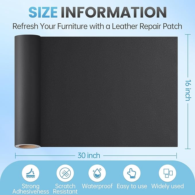Leather Repair Patch Tape Kit, 16" x 30" Self Adhesive Leather Repair Patch for Furniture, Vinyl Leather Repair Kit for Car Seat, Chairs, Couch, Sofa, Boat Smooth Black
