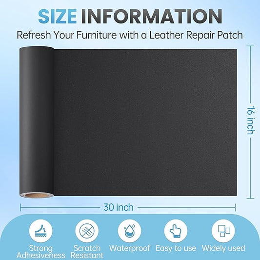 Leather Repair Patch Tape Kit, 16" x 30" Self Adhesive Leather Repair Patch for Furniture, Vinyl Leather Repair Kit for Car Seat, Chairs, Couch, Sofa, Boat Smooth Black