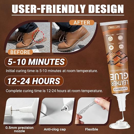 Leather Glue Permanent 120ml, High Strength Leather Adhesive Clear, Flexible Fast Drying Repair Leather Glue for Jackets, Handbags, Sofas, Furniture, Shoes, Purses, Car Seats(4.05floz)